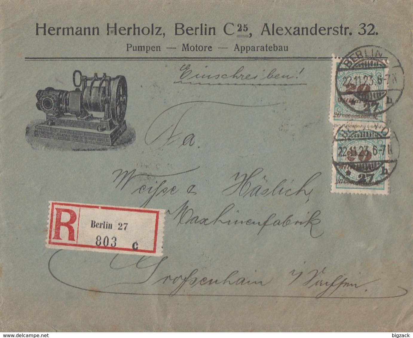 DR R-Brief Mif Minr.4x 326A,2x 329A Berlin 22.11.23 Geprüft - Briefe U. Dokumente