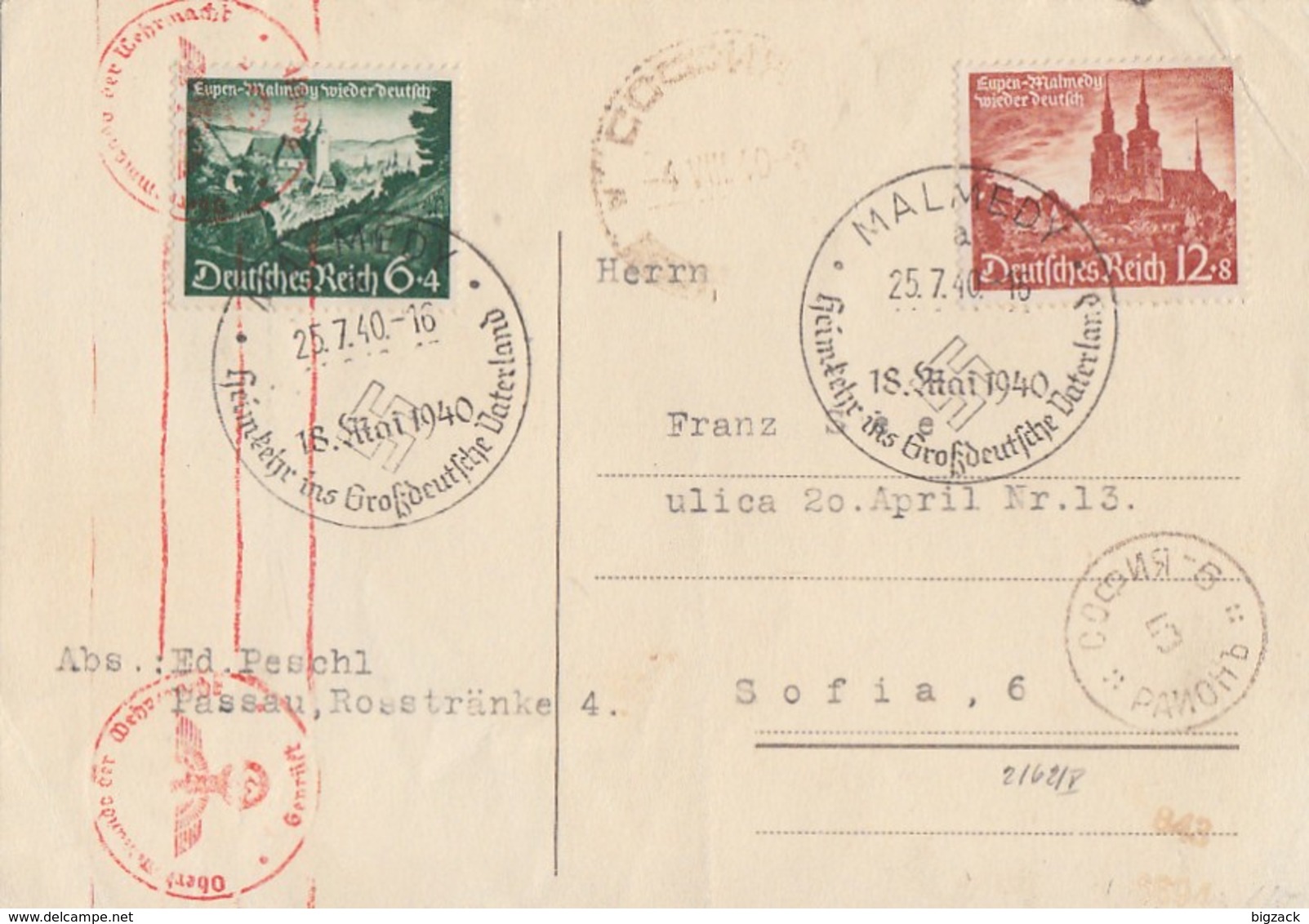 DR Karte Mif Minr.748,749 SST Malmedy 25.7.40 Gel. Nach Bulgarien Zensur FDC - Briefe U. Dokumente