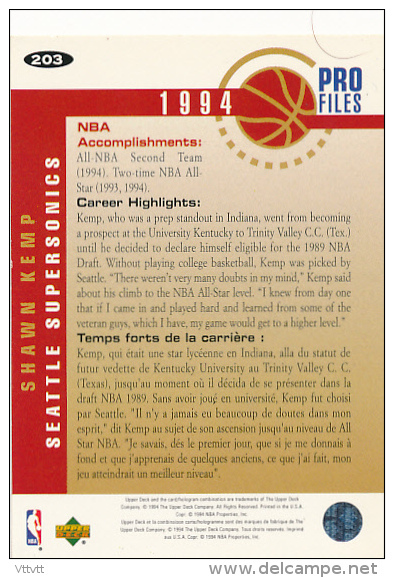 Basket, NBA, Upper Deck 1994, Collector's Choice, PRO Files, N° 203 : SHAWN KEMP (Seattle Supersonics) Trading Cards - 1990-1999