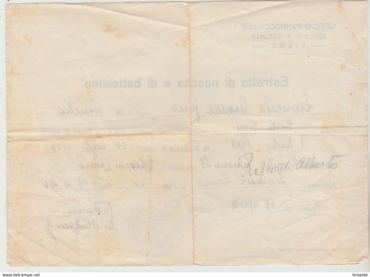 DOCUMENTO CERTIFICATO ESTRATTO DI NASCITA E DI BATTESIMO PARROCCHIA CHIESA BEATA VERGINE ASSUNTA FIUME RIJEKA REKA  1947 - Documenti Storici