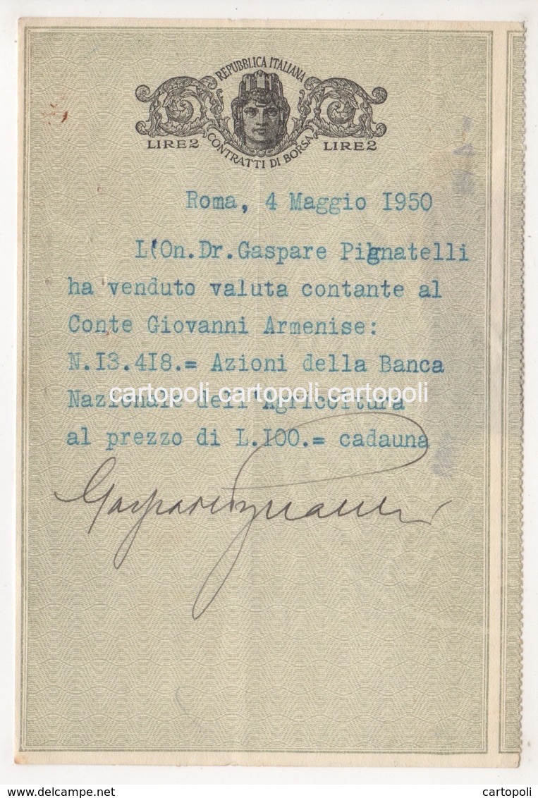 ^ VENDITA AZIONI CONTE ARMENISE ONOREVOLE GASPARE PIGNATELLI GROTTAGLIE TASSA SUI CONTRATTI DI BORSA  DOCUMENTO F1 - Documents Historiques