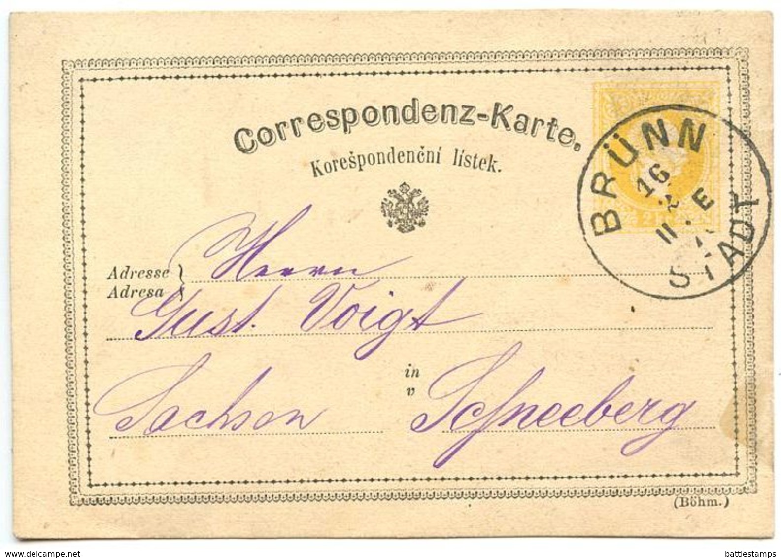 Austria 1876 2kr Franz Josef Postal Card Brünn (Brno) To Schneeberg - Cartoline