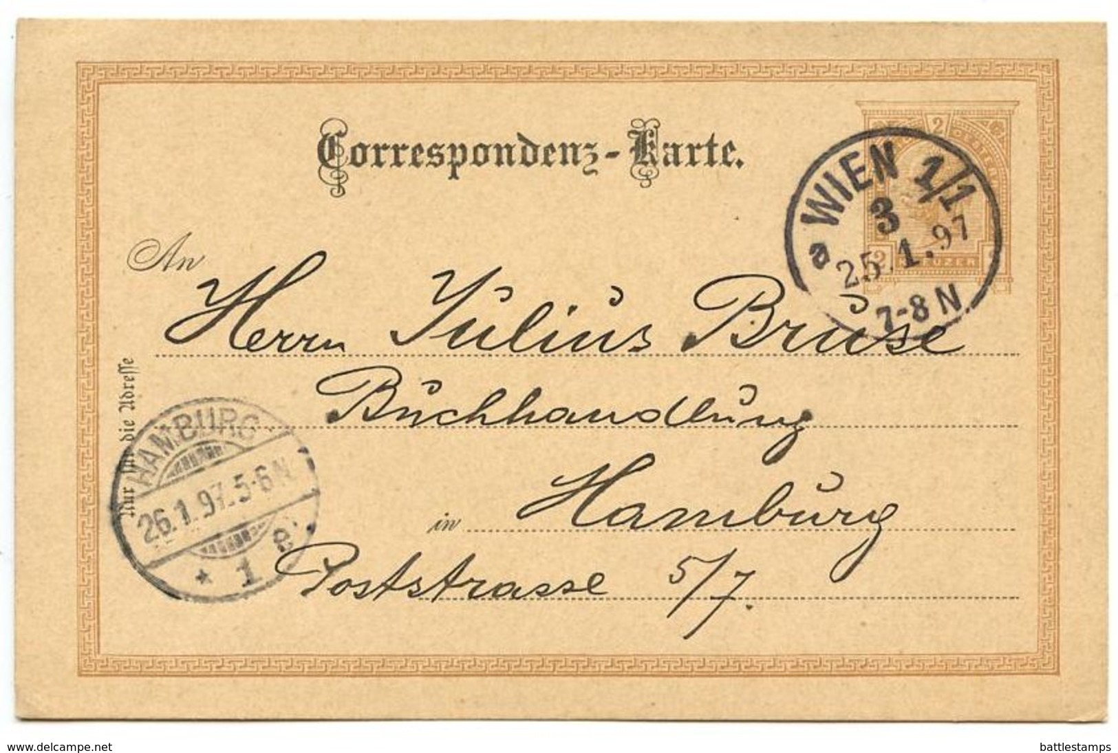 Austria 1897 2kr Franz Josef Postal Card Wien (Vienna) To Hamburg Germany - Postcards