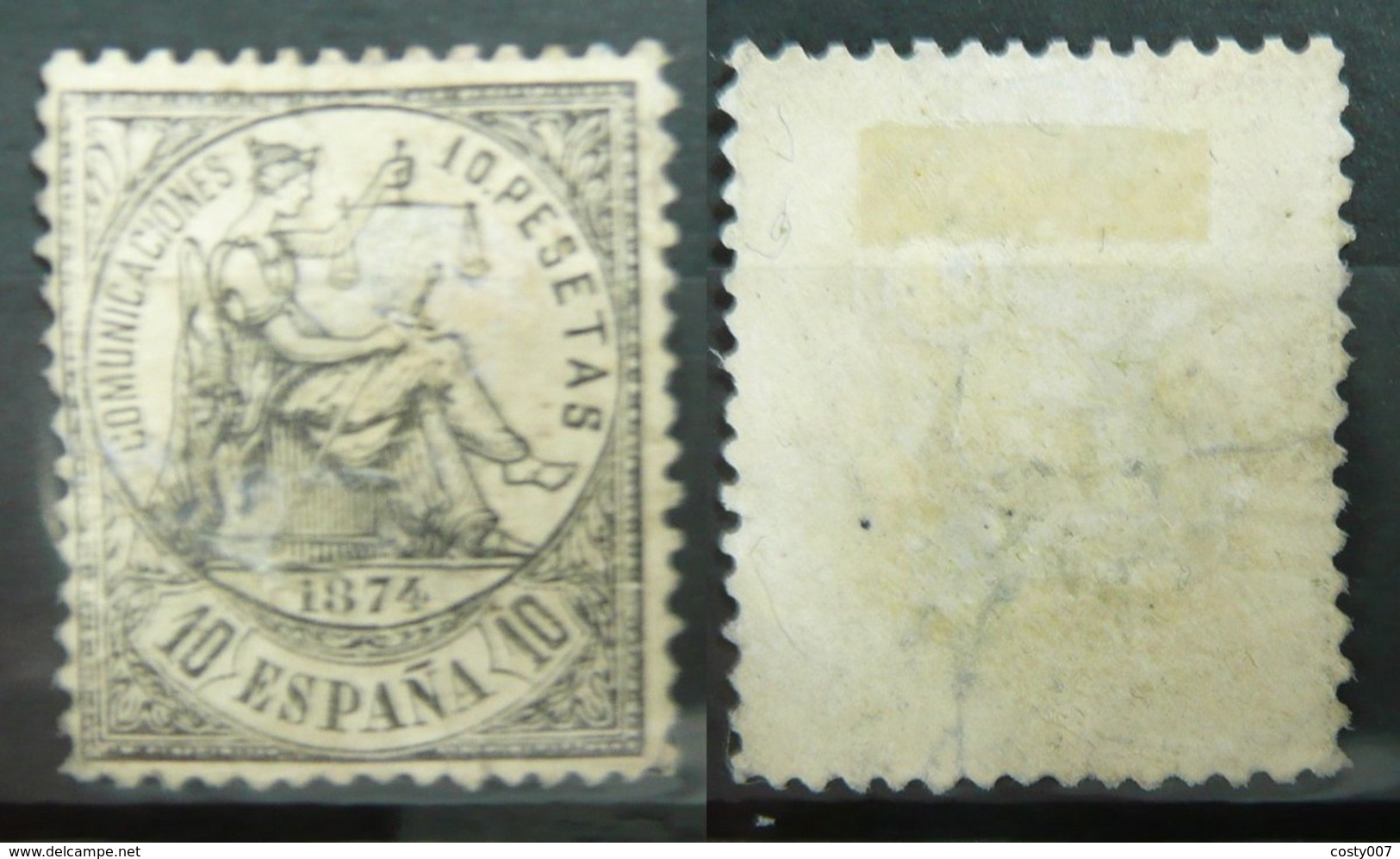 Spain 1874 Allegory Of Justice 10Pta Black Mi.144 Yv.150 Partial Gum Repaired MH AM.555 - Unused Stamps