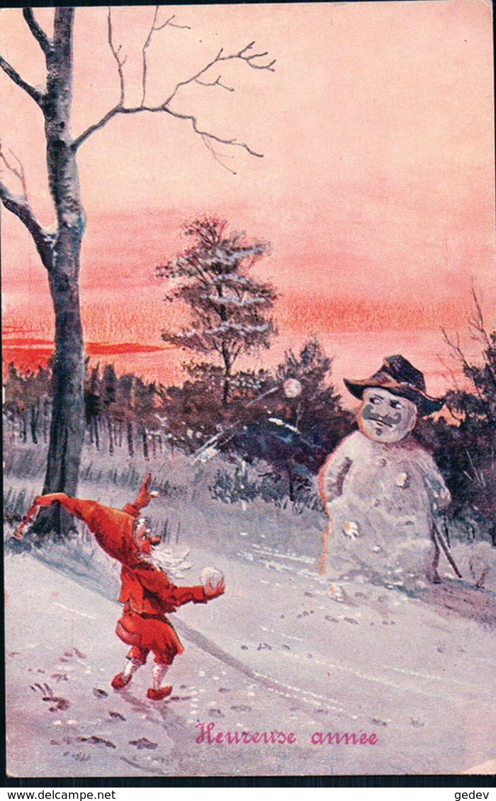 Heureuse Année, Bonhomme De Neige Et Nain (2683) Usure D'un Angle - New Year