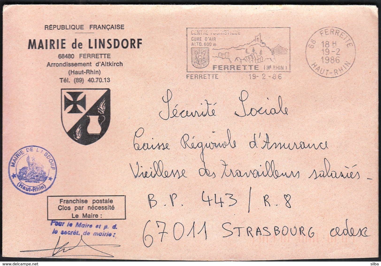 France Ferrette 1986 / Mairie De Linsdorf / Coat Of Arms / Fish, Tourism, Castle / Machine Stamp - 1961-....