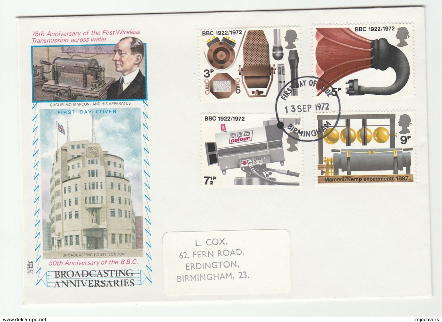 1972 Birmingham GB FDC Illus MARCONI  Stamps BBC CAMERA RADIO BROADCASTING  Cover - 1971-1980 Decimal Issues