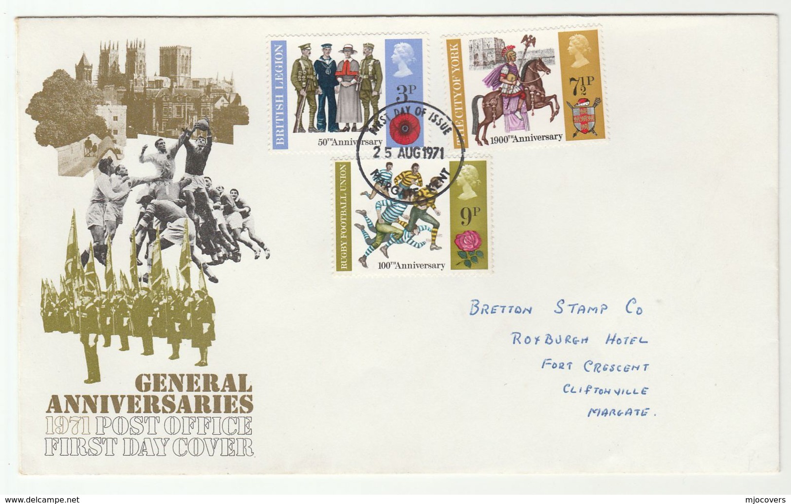 1971 Margate GB FDC Stamps RUGBY Sport ROSE Flower HORSE York ROMAN British LEGION  Cover Roses - 1971-1980 Decimal Issues