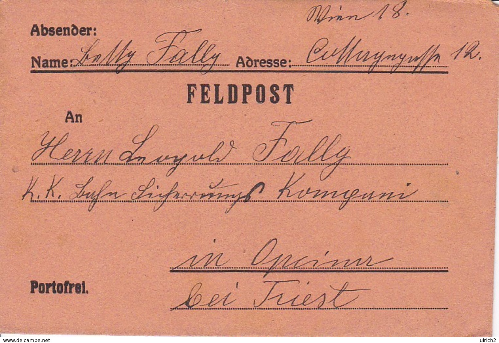 Feldpost  Wien Nach K.k. Bahn-Sicherungs Kompanie In Opcina - 1916 (35281) - Briefe U. Dokumente