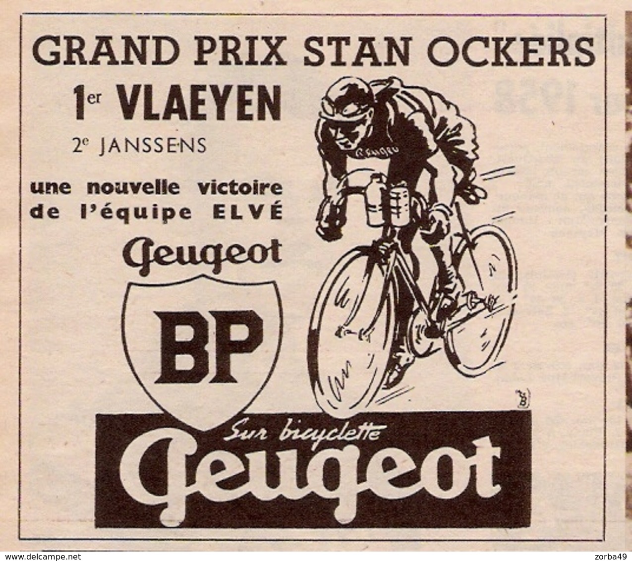 Publicité PEUGEOT Cyclisme Grand Prix Stan Ockers 1958 - Non Classés