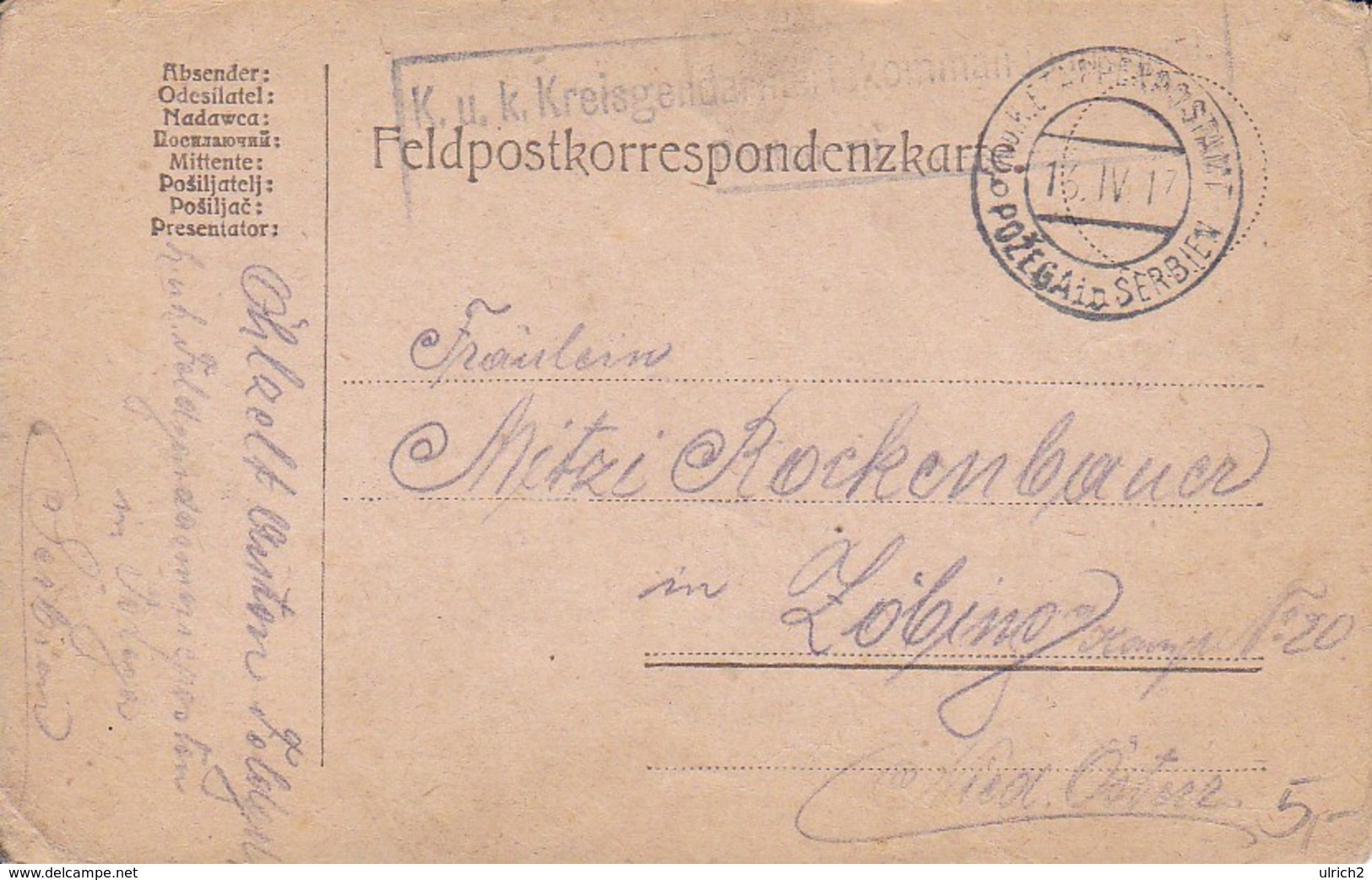 Feldpostkorrespondenzkarte K.u.k. Kreisgendarmeriekommando Posten Pozega - 1917 (35289) - Briefe U. Dokumente