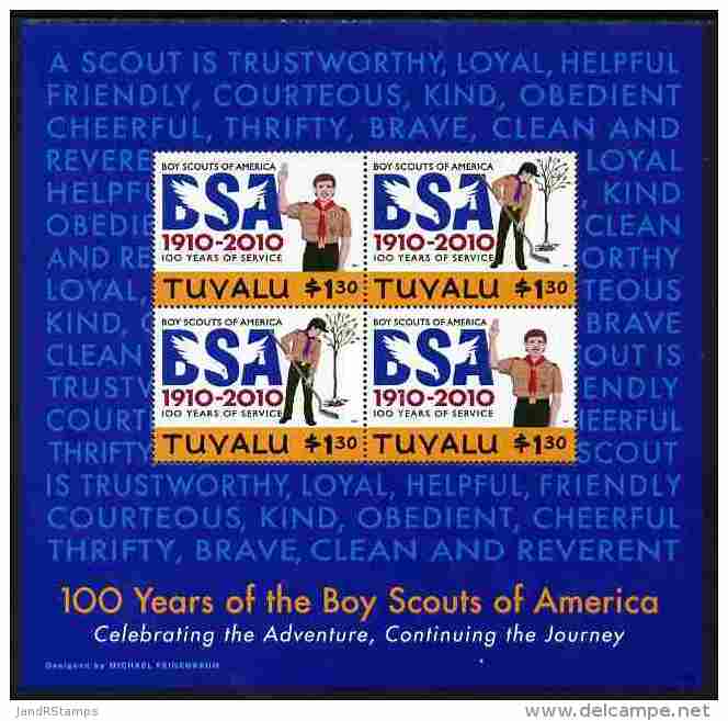 69998 (trees) Tuvalu 2010 Centenary Of Boy Scouts Of America #1 Perf Sheetlet Containing 4 Values (blue Background) - Trees