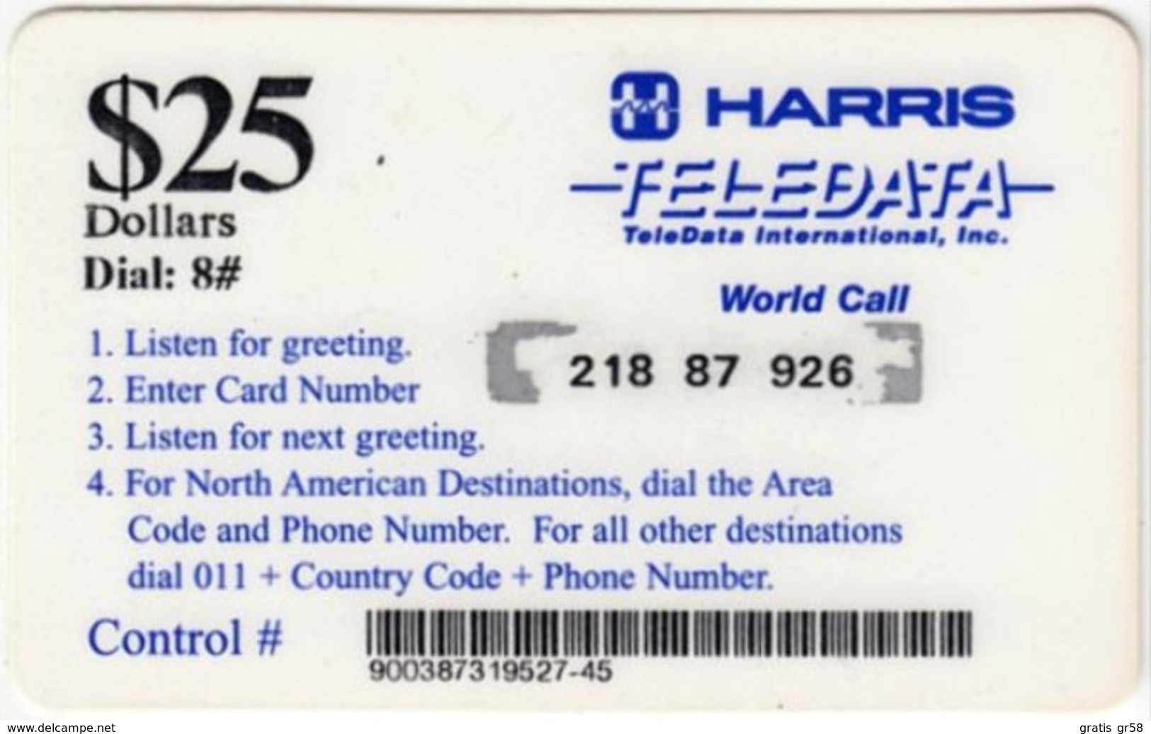 Angola - Harris Teledata, Military Card, Used In Angola By UN Soldiers, Dial #08, 25$, Used - Angola