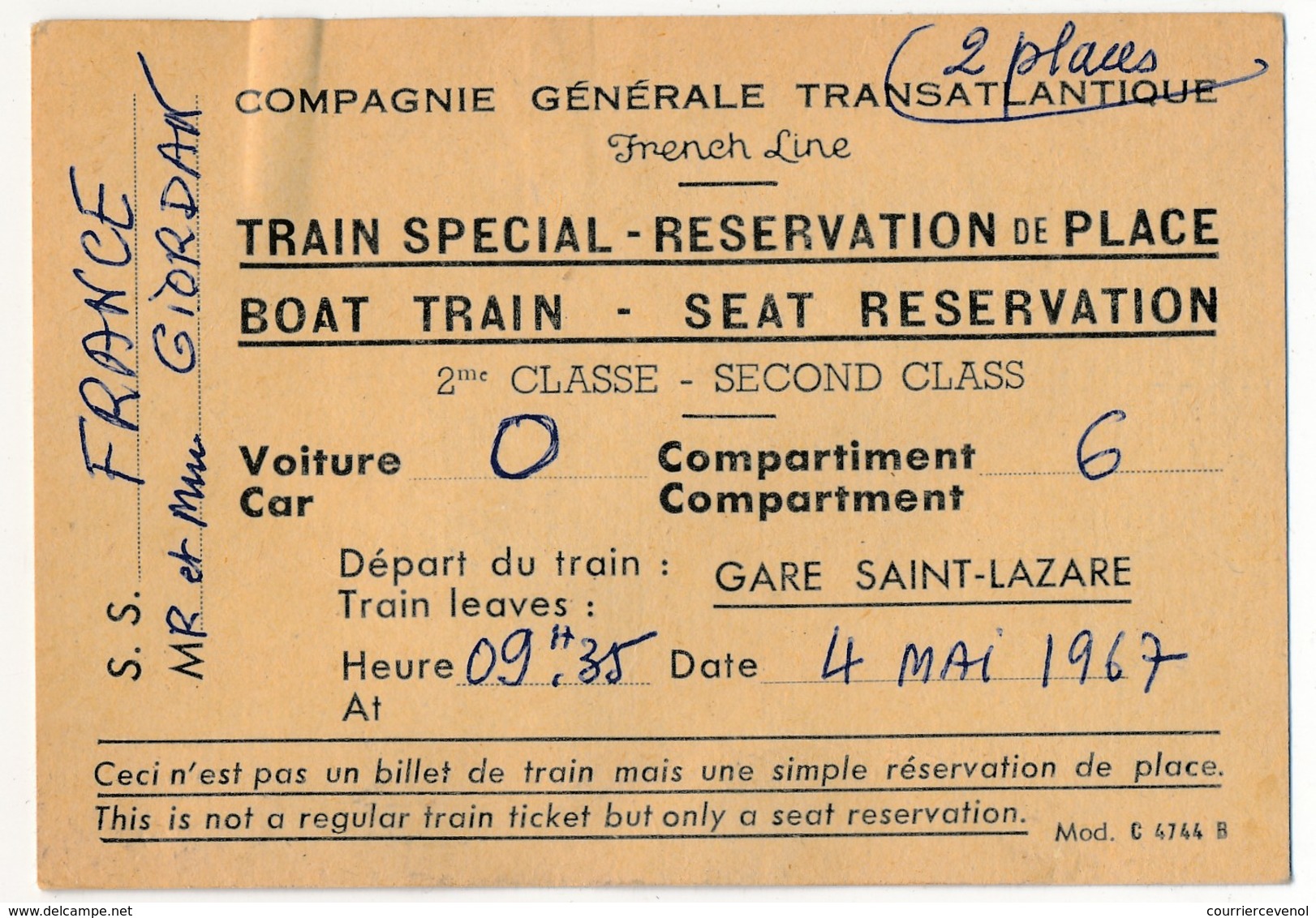 Réservations SNCF / Wagons Lits COOK - Cartes De Participation Au Voyage Accompagné "Aux Deux Rives Du Niagara" Mai 1967 - Autres & Non Classés