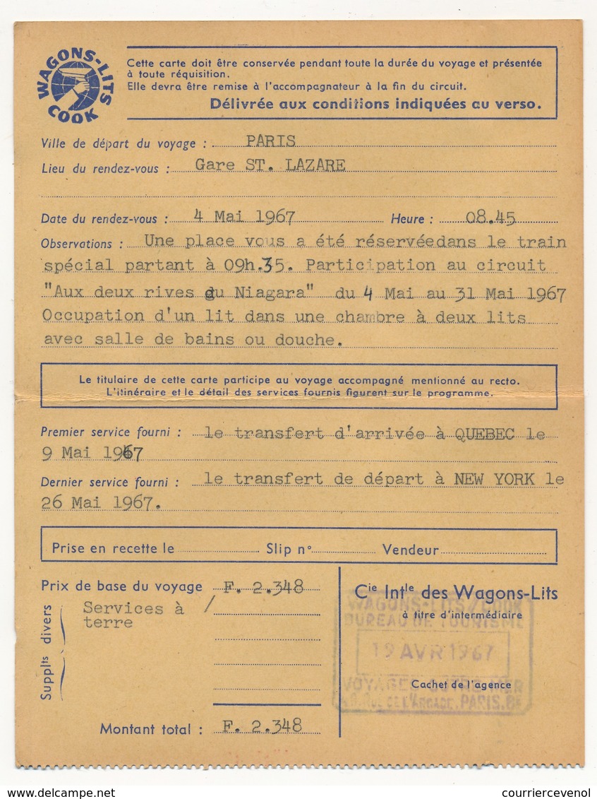 Réservations SNCF / Wagons Lits COOK - Cartes De Participation Au Voyage Accompagné "Aux Deux Rives Du Niagara" Mai 1967 - Autres & Non Classés