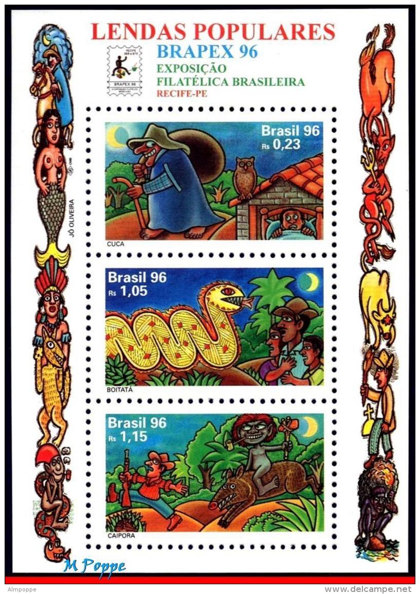 Ref. BR-2601 BRAZIL 1996 FOLKLORE, POPULAR LEGENDS, BRAPEX,, MI# B104, S/S MNH 3V Sc# 2601 - Unused Stamps