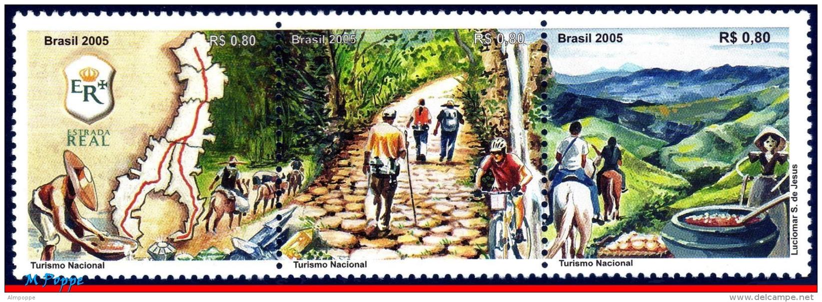 Ref. BR-2965 BRAZIL 2005 HISTORY, ROYAL ROAD, MAPS, BIKE,, HORSE, SET MNH 3V Sc# 2965 - Horses