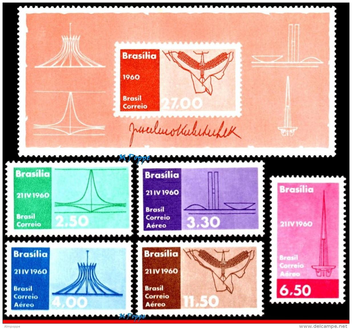 Ref. BR-907-8+C95+ BRAZIL 1960 ARCHITECTURE, INAUGURATION OF BRASILIA,, J.KUBITSCHEK,PRESIDENT, MNH 6V Sc# 907-8+C95+ - Autres & Non Classés