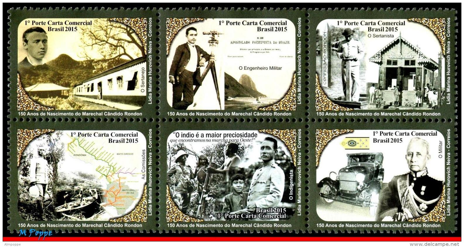 Ref. BR-3302 BRAZIL 2015 FAMOUS PEOPLE, MARSHAL RONDON, ENGINEER, MILITARY FRONTIERSMAN, CAR, SET MNH 6V Sc# 3302 - Unused Stamps