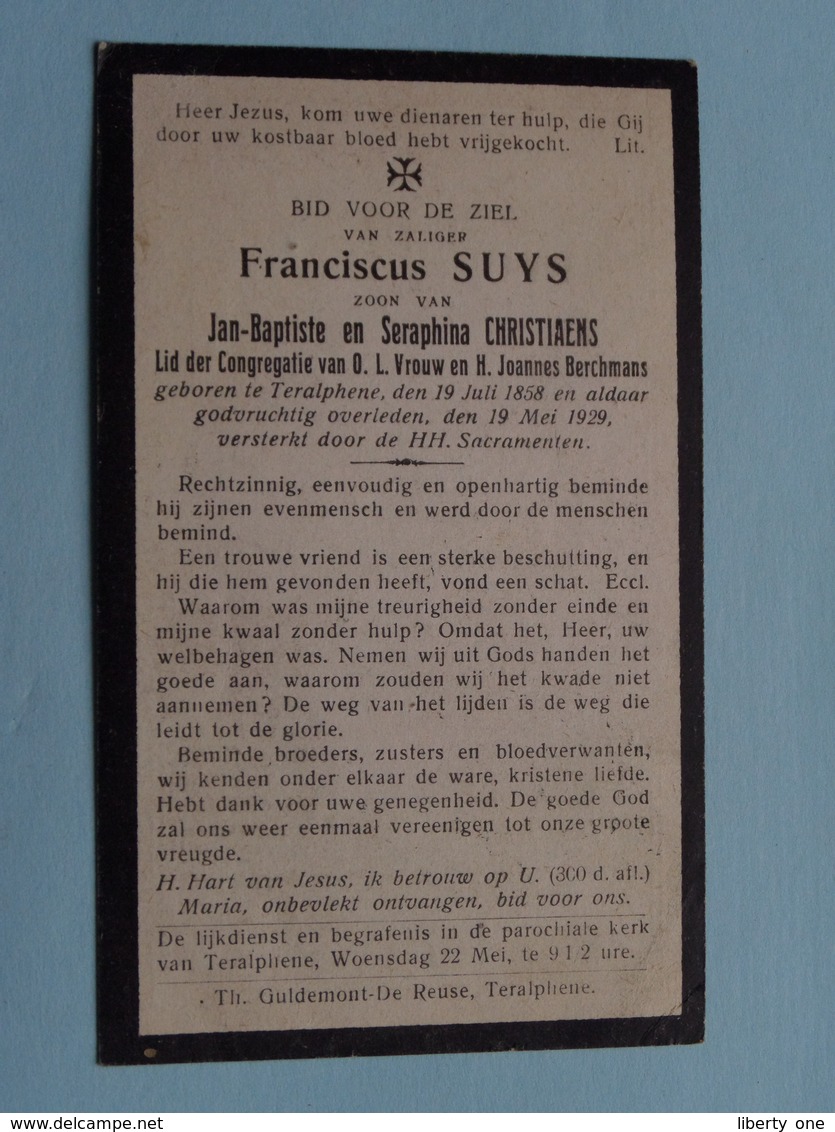 DP Franciscus SUYS ( Zoon Van Christiaens ) Teralphene 19 Juli 1858 - 19 Mei 1929 ( Details Zie Foto's ) ! - Todesanzeige