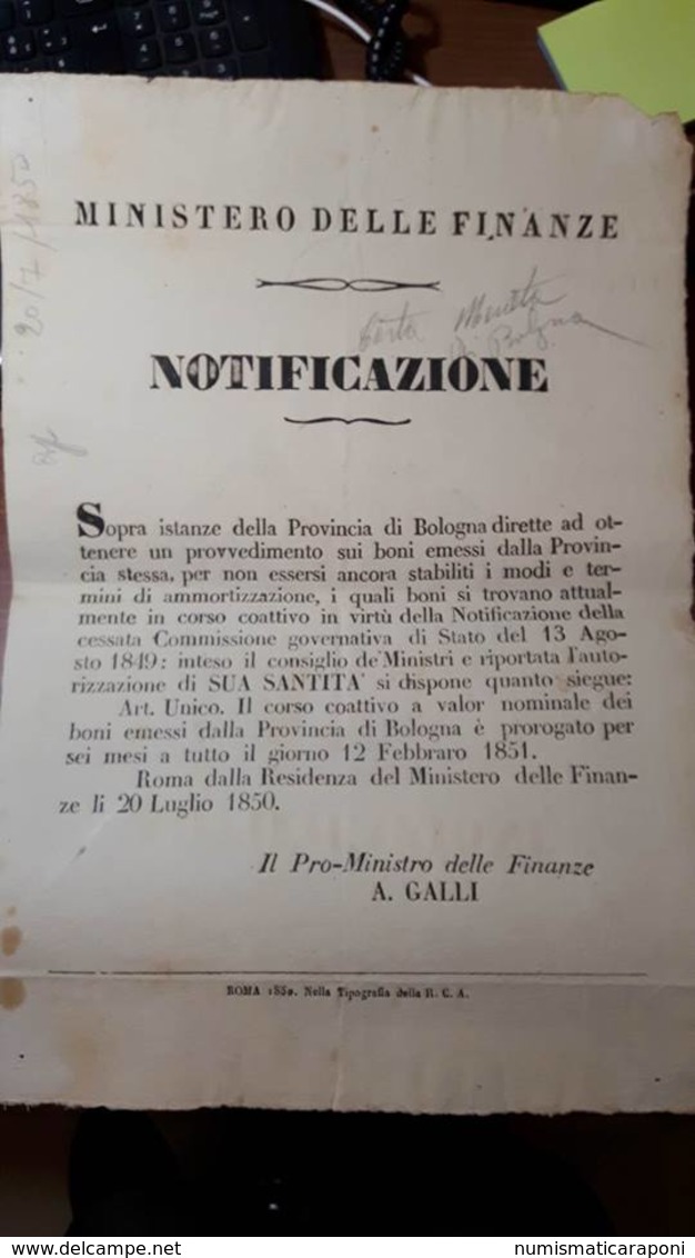 PONTIFICIO Ministero Delle Finanze Notificazione Roma 20 Luglio 1850 ( Boni Provincia Di Bologna ) Doc.269 - Altri & Non Classificati