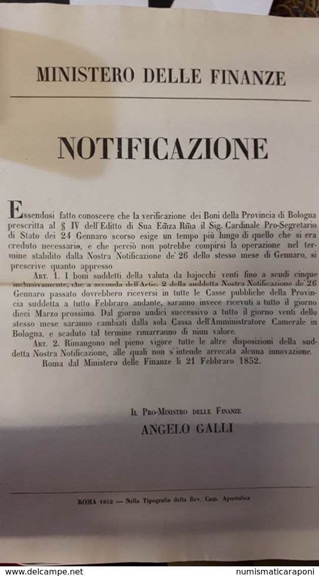 PONTIFICIO Ministero Delle Finanze Notificazione Roma 21 02 1852 ( Boni Provincia Di Bologna ) Doc.280 - Altri & Non Classificati