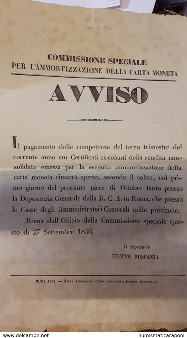 PONTIFICIO Commissione Speciale Per L'ammortizzazione Della Carta Moneta Avviso Roma 27 09 1856 Doc.281 - Altri & Non Classificati