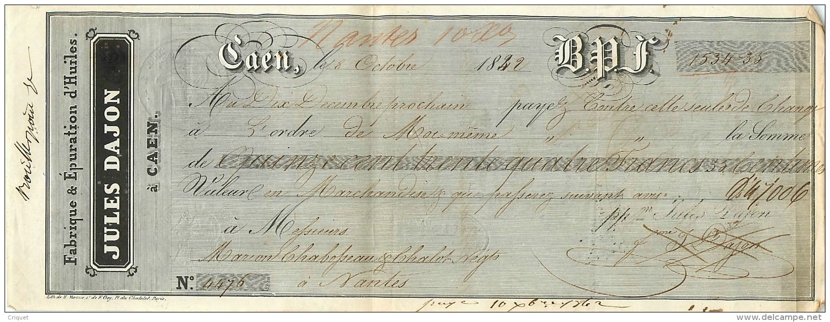 Lettre De Change, Jules Dajon à Caen, 1842, Voir Cachets Et Timbres à Sec, Nantes Maison Chabosseau Chalot - Lettres De Change