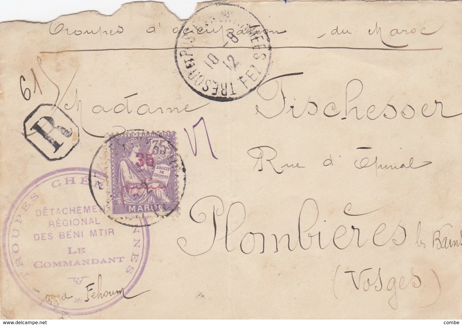 LETTRE DEVANT POUR LA FRANCE. 10 8 12. RECOM PROVISOIR TRESOR ET POSTES AUX ARMEES FEZ. TROUPES CHERIFIENNES + SIGNATURE - Lettres & Documents