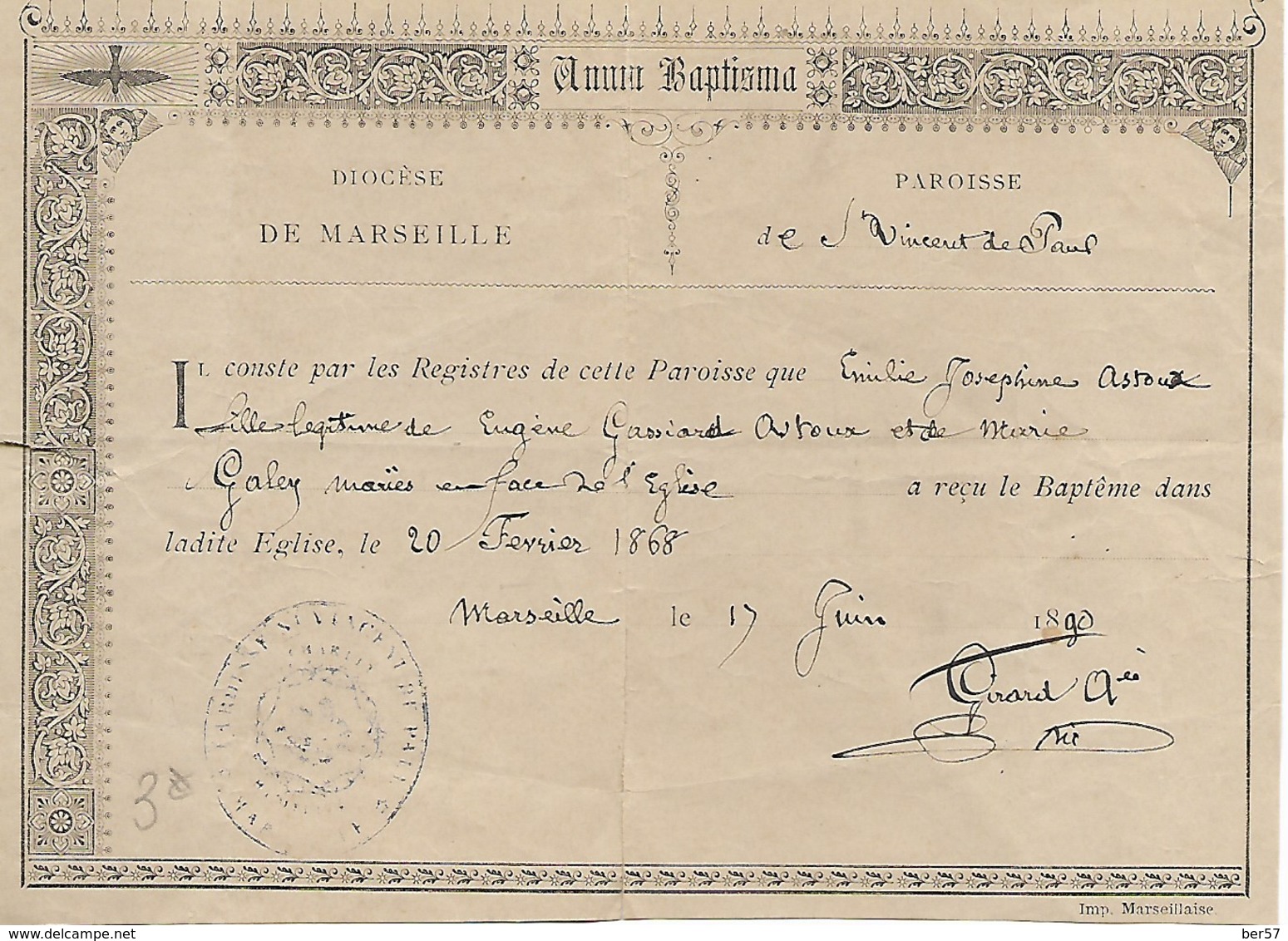 Certificat De Baptême édité En Juin 1890 - Cachets Généralité