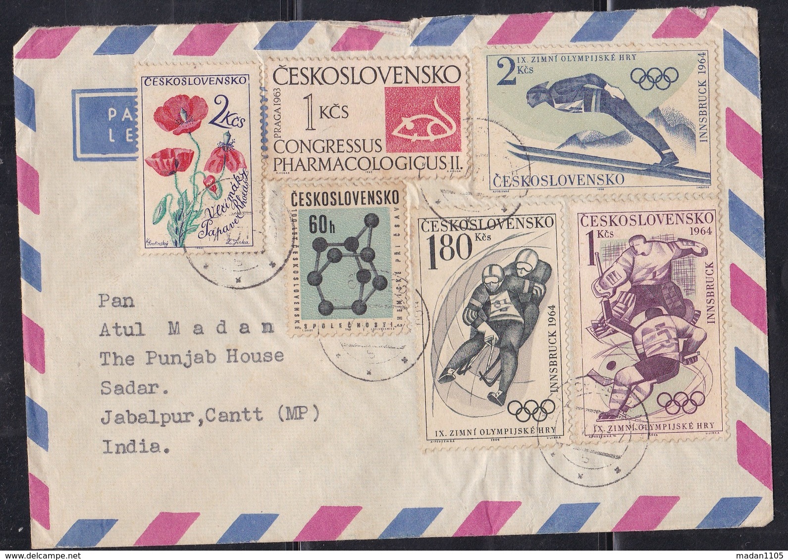 CZECHOSLOVAKIA, 1971,  Airmail Cover To India With 6 Stamps  Incl 1964 Winter Olympics 3v Set Complete + 1 Label, # 323 - Enveloppes