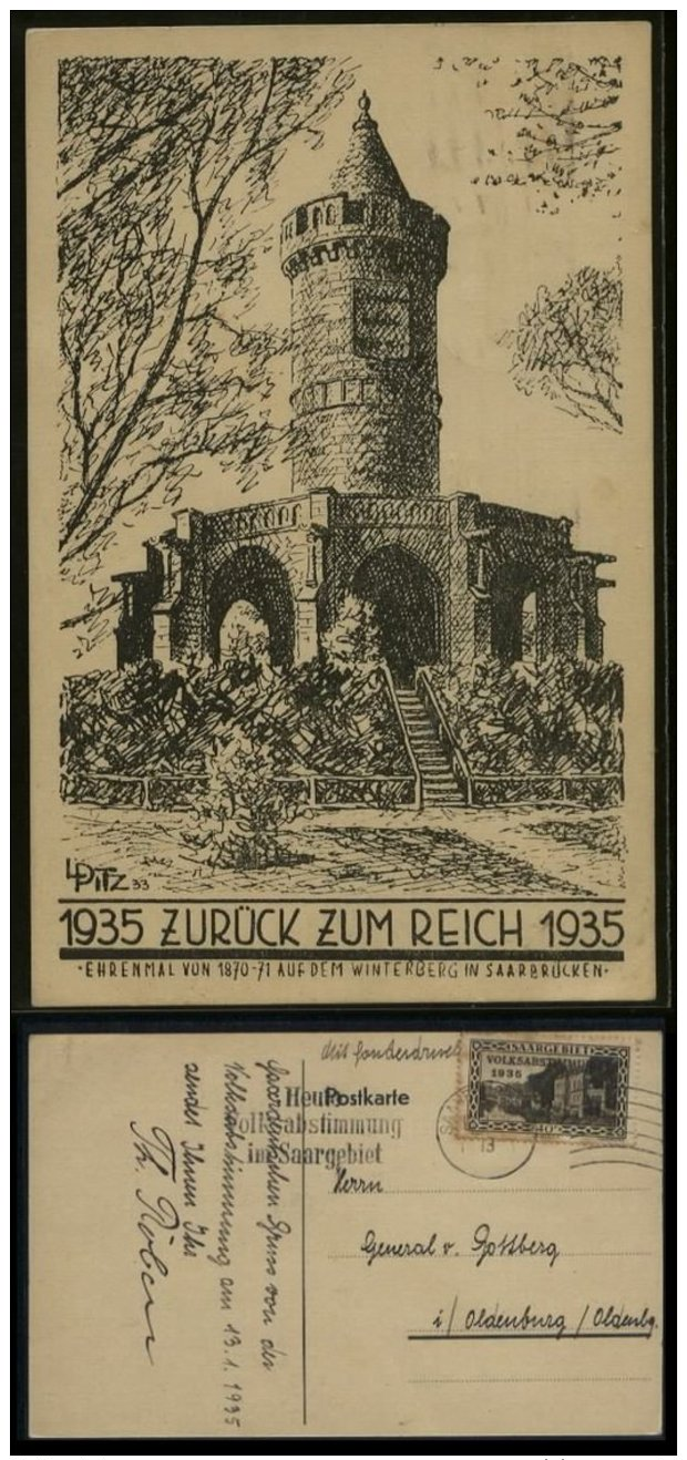 3. Reich - DR Postkarte ,Saarabstimmung , Zurück Zum Reich: Gebraucht Saarbrücken - Oldenburg 1935 , Bedarfserhaltung. - Briefe U. Dokumente