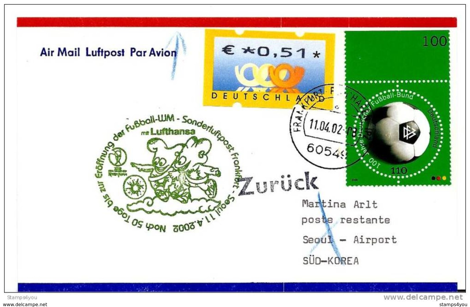 119 - 13 - Enveloppe Allemande Avec  Oblit  "vol Spécial Lufthansa Frankfurt-Seoul - 50 Jours Avant L'ouverture - 2002 – Corée Du Sud / Japon