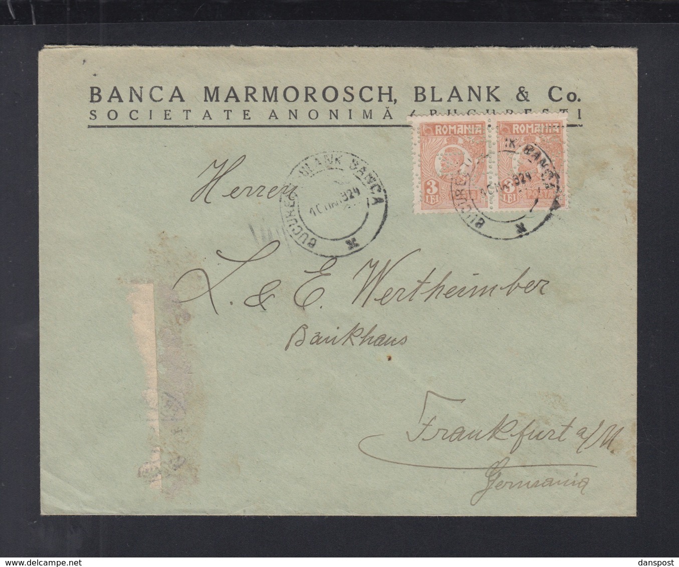 Romania Cover Banca Marmarosch Blank Perfins 1924 - Storia Postale