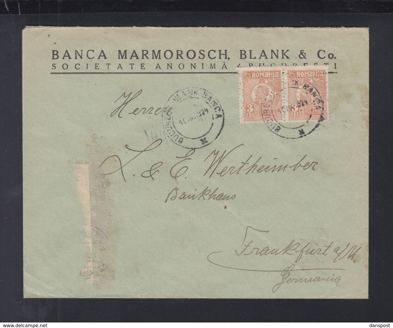 Romania Cover Banca Marmarosch Blank Perfins 1924 - Covers & Documents