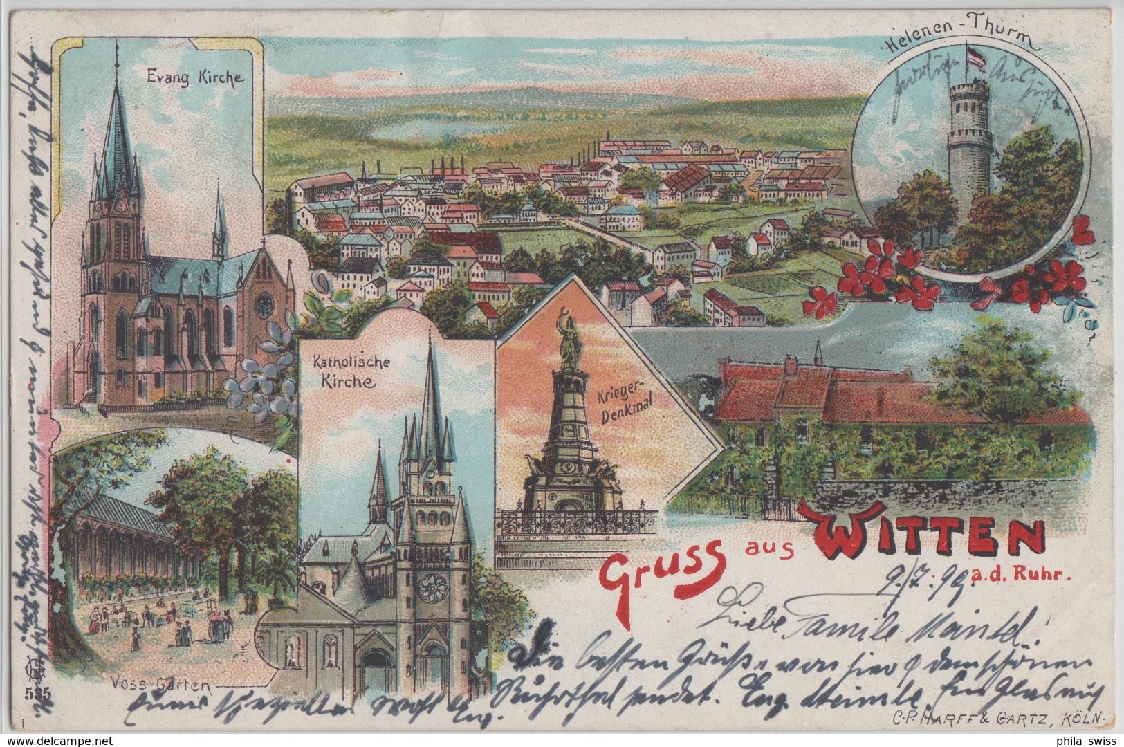 Gruss Aus Witten An Der Ruhr - Kath. Kirche, Kriegerdenkmal, Evang. Kirche, Helenen-Thurm, Voss-Garten - Lithographie - Witten