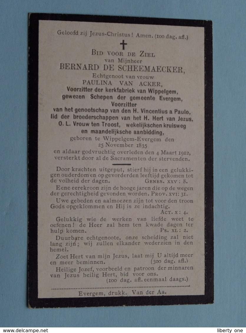 DP Bernard DE SCHEEMAECKER ( Van Acker ) Wippelgem-Evergem 25 Nov 1835 - 4 Maart 1912 ( Details Zie Foto's ) ! - Décès