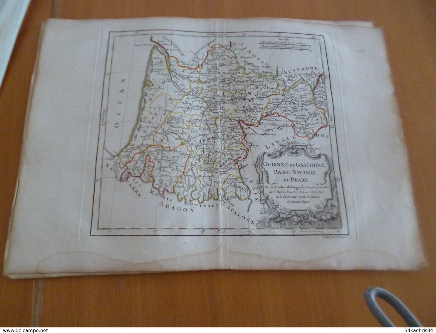 Carte Atlas Vaugondy 1778 Gravée Par Dussy 40 X 29cm Mouillures France Guyenne Gascogne Bearn Basse Navarre - Cartes Géographiques