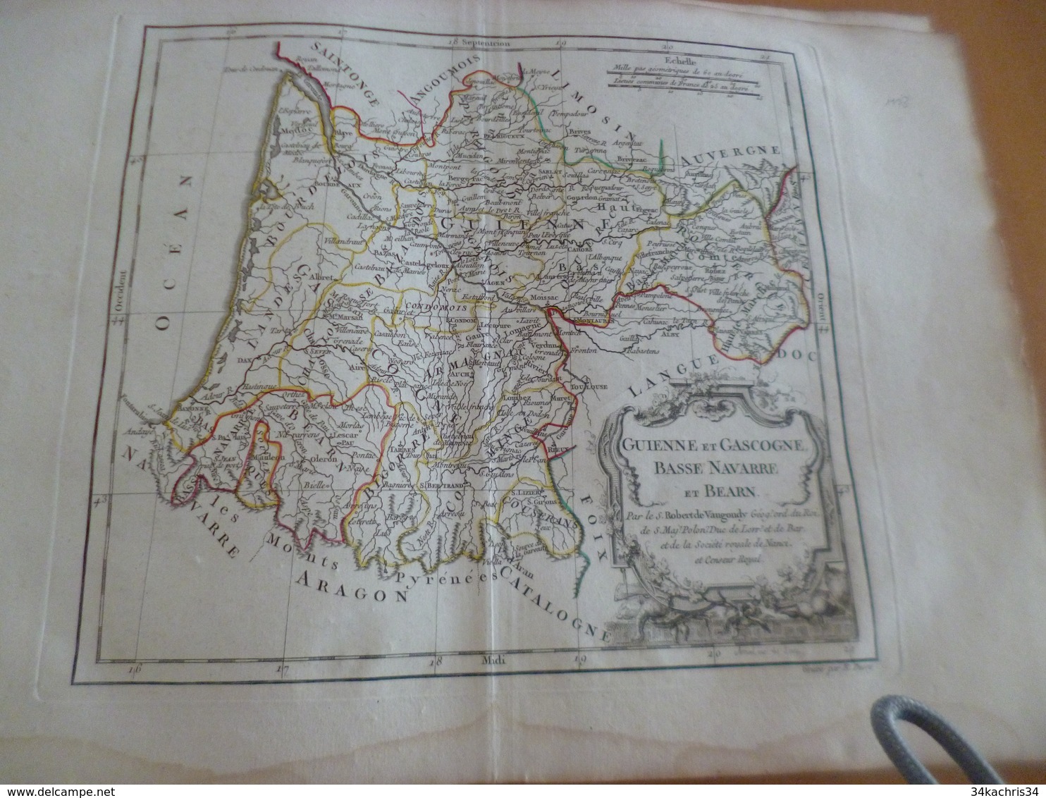 Carte Atlas Vaugondy 1778 Gravée Par Dussy 40 X 29cm Mouillures France Guyenne Gascogne Bearn Basse Navarre - Carte Geographique