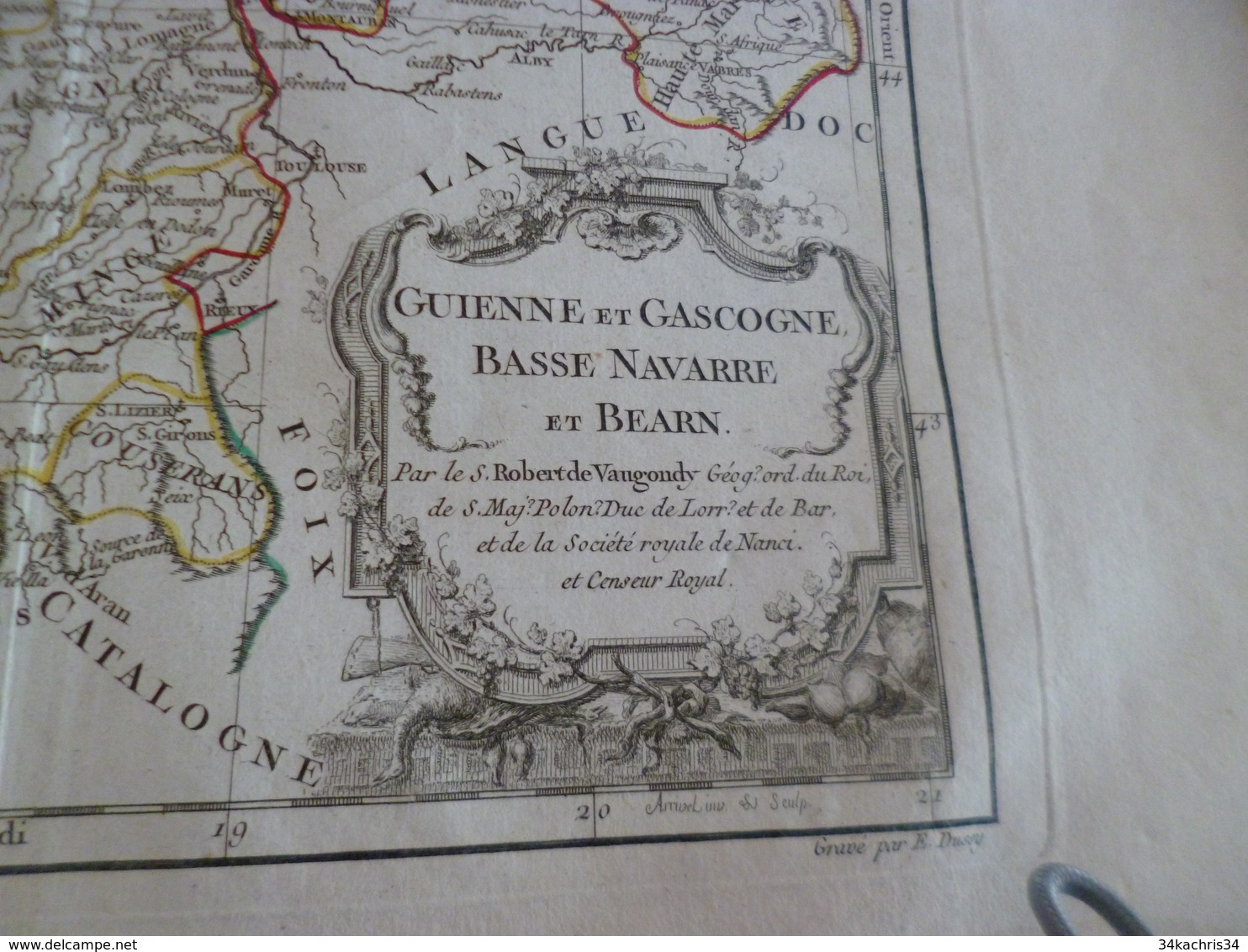 Carte Atlas Vaugondy 1778 Gravée Par Dussy 40 X 29cm Mouillures France Guyenne Gascogne Bearn Basse Navarre - Cartes Géographiques