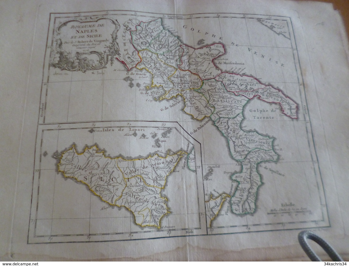 Carte Atlas Vaugondy 1778 Gravée Par Dussy 40 X 29cm Mouillures Italie Italia Naples Sicile - Mapas Geográficas