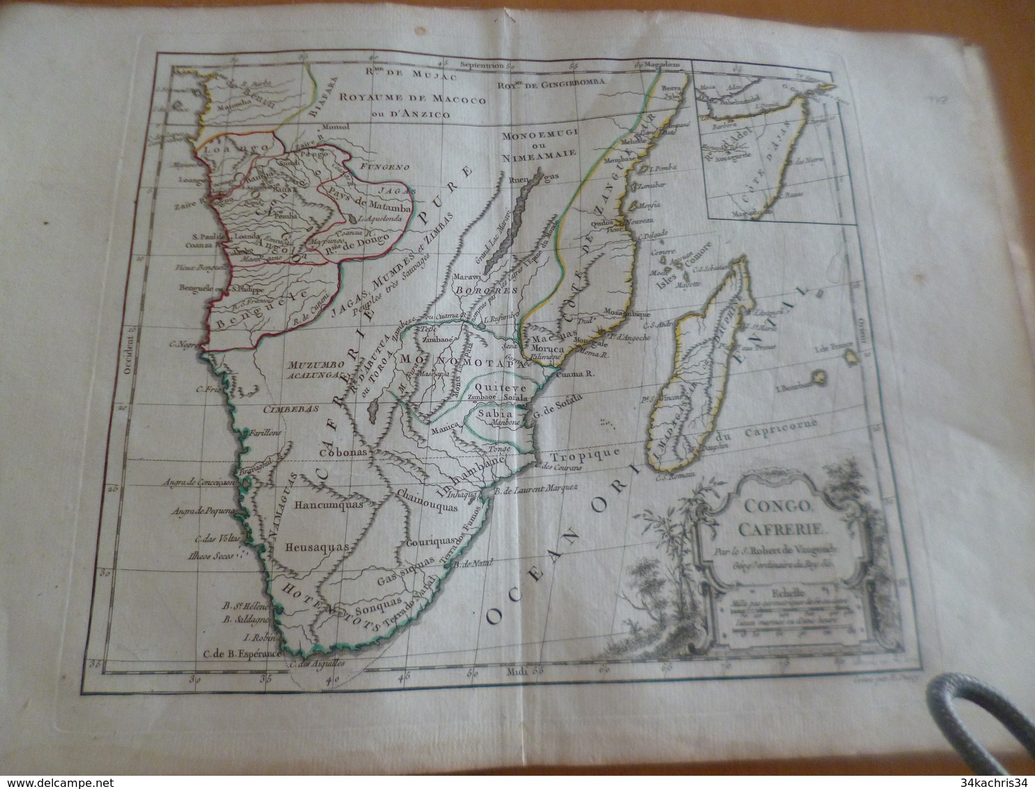 Carte Atlas Vagondy 1778 Gravée Par Dussy 40 X 29cm Mouillures Afrique Du Sud Congo Cafrerie Madagascar Réunion - Geographical Maps