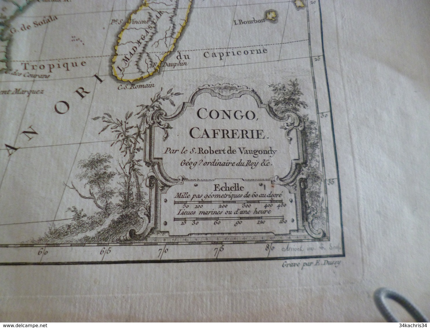 Carte Atlas Vagondy 1778 Gravée Par Dussy 40 X 29cm Mouillures Afrique Du Sud Congo Cafrerie Madagascar Réunion - Geographical Maps