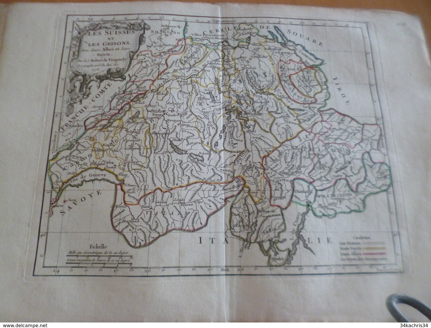 Carte Atlas Vagondy 1778 Gravée Par Dussy 40 X 29cm Mouillures Les Suisses Et Les Grisons Suisse - Mapas Geográficas