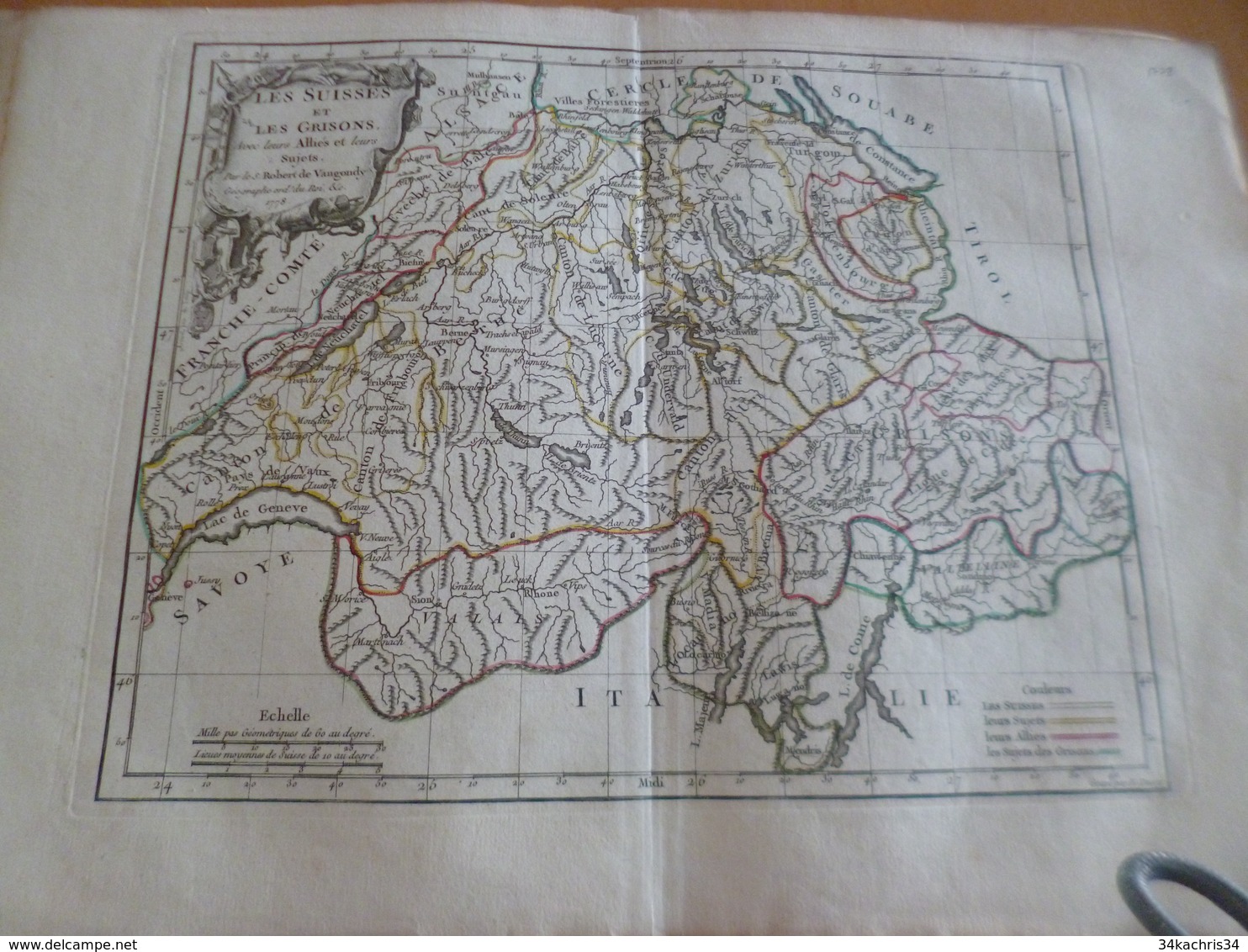 Carte Atlas Vagondy 1778 Gravée Par Dussy 40 X 29cm Mouillures Les Suisses Et Les Grisons Suisse - Geographical Maps