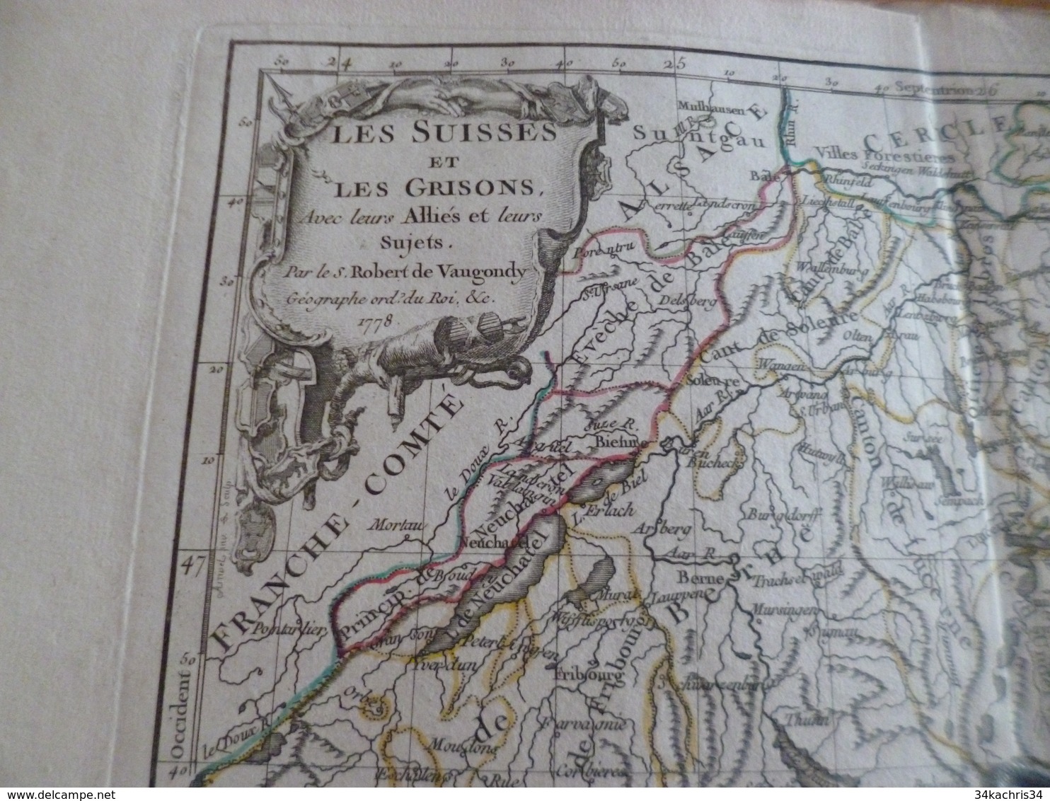 Carte Atlas Vagondy 1778 Gravée Par Dussy 40 X 29cm Mouillures Les Suisses Et Les Grisons Suisse - Landkarten