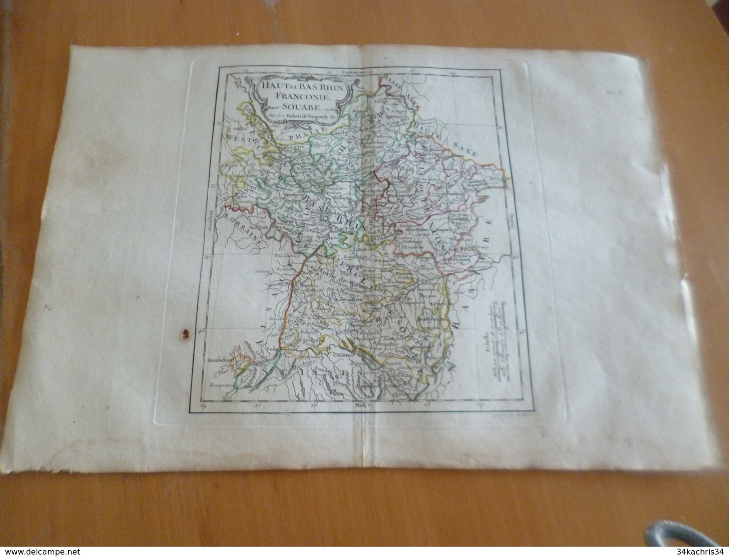 Carte Atlas Vaugondy 1778 Gravée Par Dussy 40 X 29cm Mouillures France Haut Et Bas Rhin Franconie Souabe - Carte Geographique