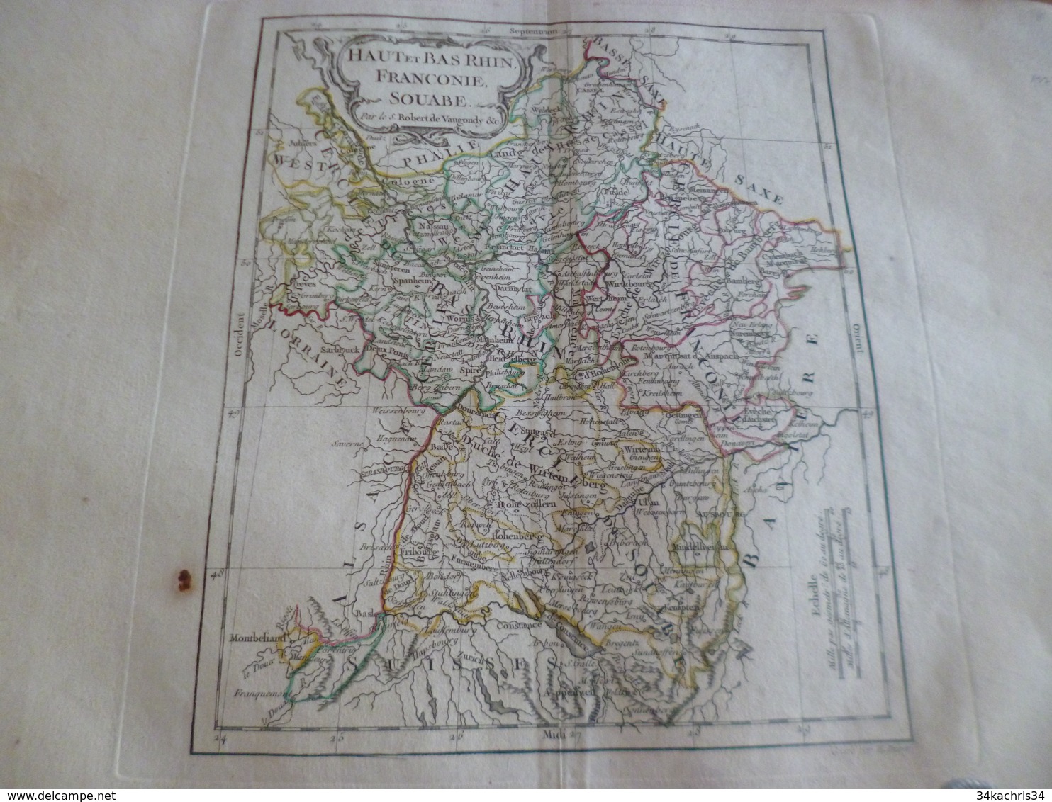 Carte Atlas Vaugondy 1778 Gravée Par Dussy 40 X 29cm Mouillures France Haut Et Bas Rhin Franconie Souabe - Carte Geographique