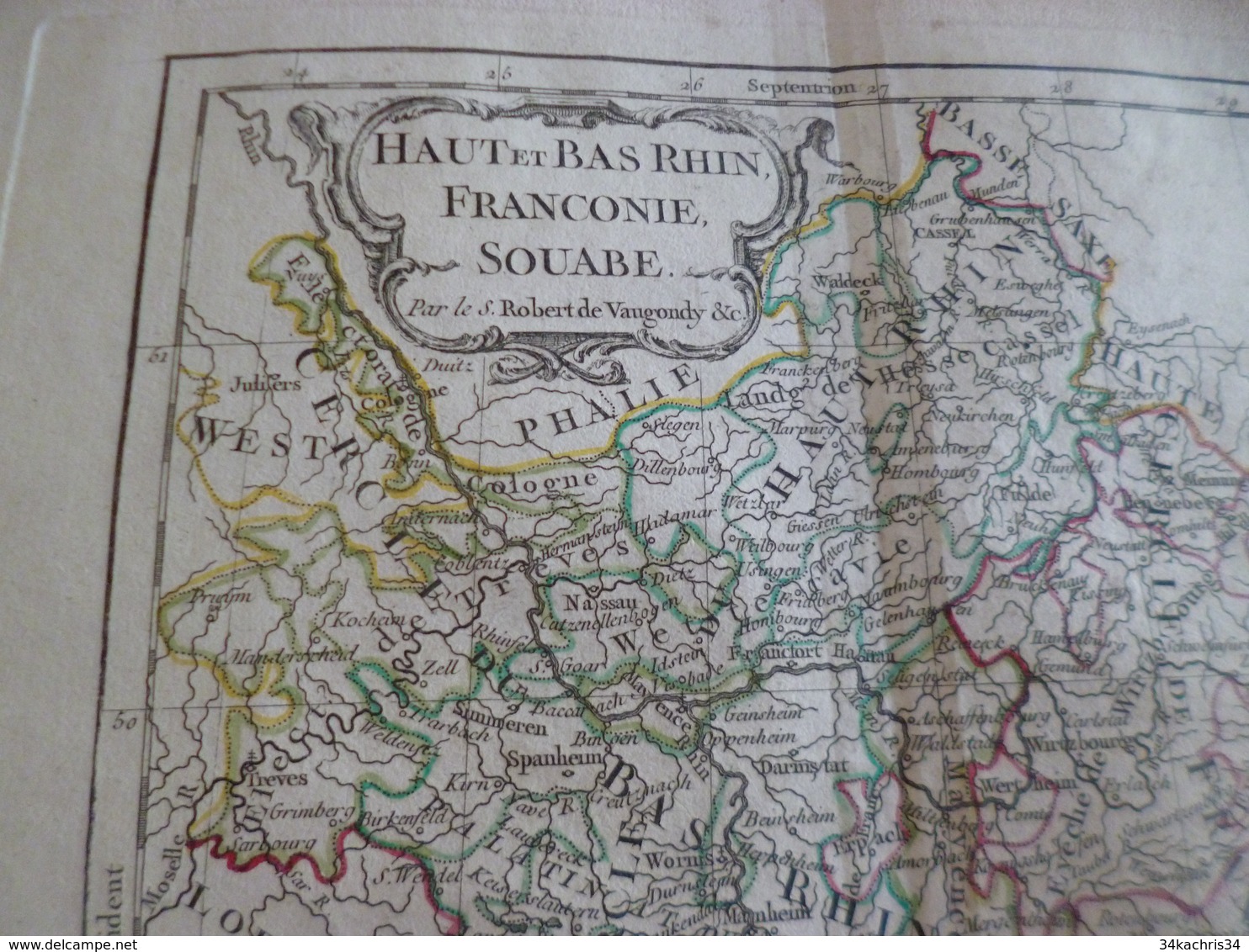 Carte Atlas Vaugondy 1778 Gravée Par Dussy 40 X 29cm Mouillures France Haut Et Bas Rhin Franconie Souabe - Carte Geographique