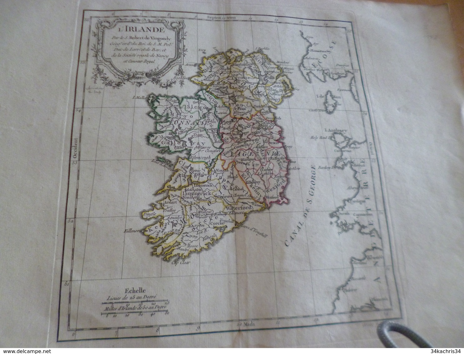 Carte Atlas Vaugondy 1778 Gravée Par Dussy 40 X 29cm Mouillures L'Irlande Irland - Geographical Maps